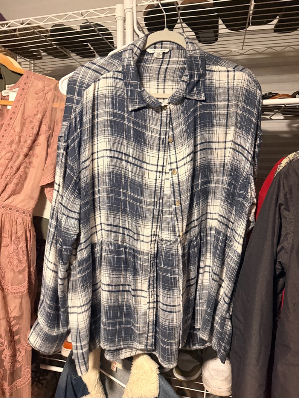 American Eagle Ladies Small Oversized Flannel Shirt Navy & White Plaid